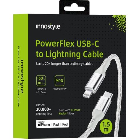 Cavo Innostyle PowerFlex USB-C Lightning con ricarica rapida MFi per iPhone, in kevlar, 2 m, argento. (1/5)