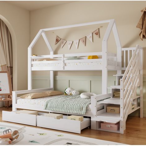 Lit superposé 140 x 200 cm enfant en bois blanc avec rangements, escalier sécurisé et toit (1/5)