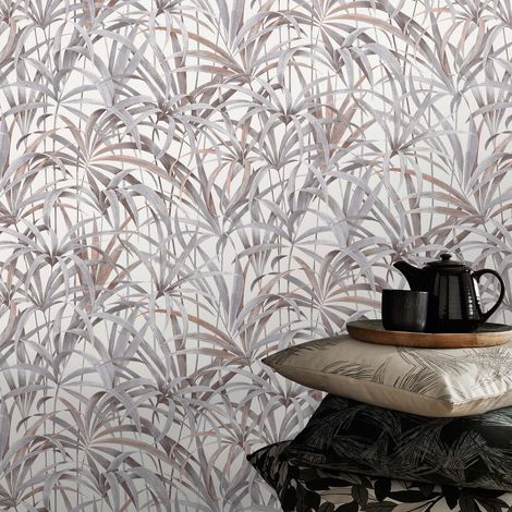 Papier peint intissé crème tendance | Tapisserie à motif tropical pour salle de bain | Papier peint palmier gris et beige (1/3)