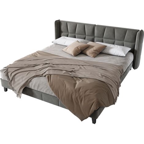 Lit capitonné 180x200 avec sommier à lattes et tête de lit rembourrée, velours gris, robuste et facile à monter pour adultes et ados au style moderne CHICFURN (1/5)