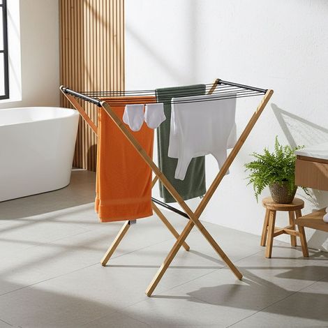 Etendoir a linge pliable en bambou et metal - sechoir gain de place