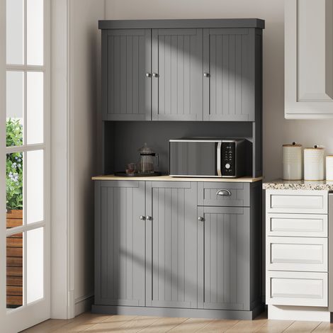 Mobile Dispensa Stile Country con Mensole Regolabili, Armadietti e Cassetto, in Legno, 101x39x180 cm, Grigio