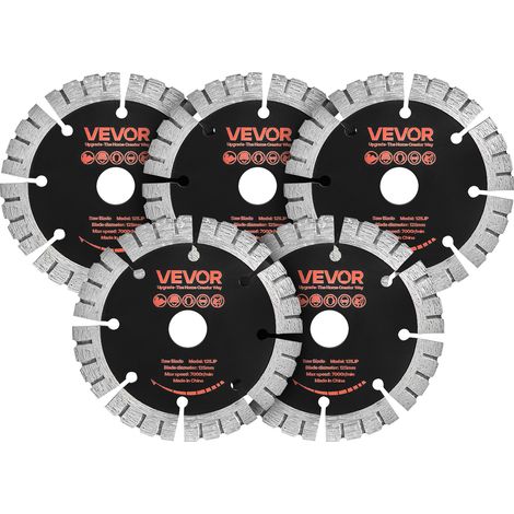 VEVOR Disco de Corte de Diamante 125 mm, Juego de 5 Piezas, Disco para Rozadora de Pared con Eje 20 mm, Segmentos 2 mm, Núcleo de acero 65Mn para Hormigón Ladrillo Mampostería Cableado y Tuberías (1/5)