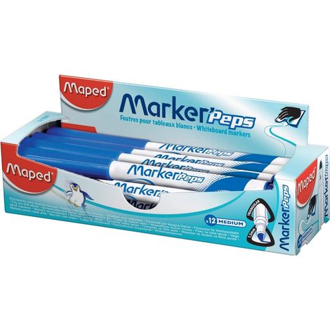 Maped - 12 pennarelli cancellabili a secco Marker'Peps, per lavagne di ardesia e bianche, pennarelli non permanenti, punta media da 1,5 mm, colore: Blu (1/3)