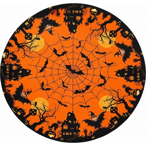 Nappe ronde d'Halloween 112 cm, motif citrouille, chauve-souris et toile d'araignée, noire et orange, réutilisable et résistante à la chaleur, pour intérieur et extérieur. (1/5)