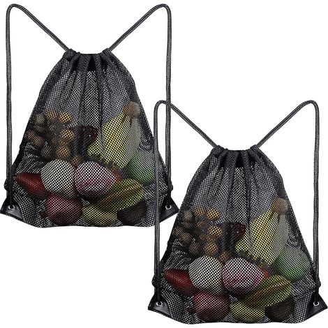 Lot de 2 grands sacs de rangement en maille avec cordon de serrage pour la natation, la plage, la piscine, le shopping en plein air - Noir (1/5)