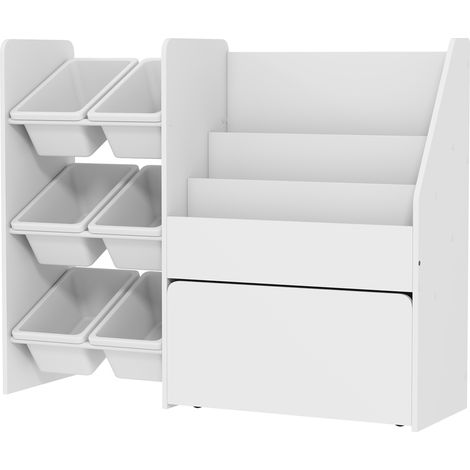 Étagère à jouets 6 compartiments avec boîte à roulettes MDF acier blanc 100 x 30 x 80 cm