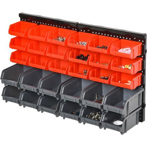 Porte-outils mural avec 30 bacs réglables et amovibles, en polypropylène, rouge, gris et noir, 37,5 x 18 x 63 cm (1/4)