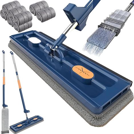 Ensemble balai plat bleu avec rotation à 360° et 8 lingettes réutilisables pour sols en bois (1/5)