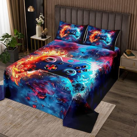 Console de Jeux 260x240 Dessus de Lit Eau Et Feu Foudre Couvre-Lit Garçons Adolescents Bleu Poignée de Jeu Couverture de Lit Filles Enfants Cool Jeux Vidéo Literie Géométrique Stripe Literie - 260x240 (1/5)