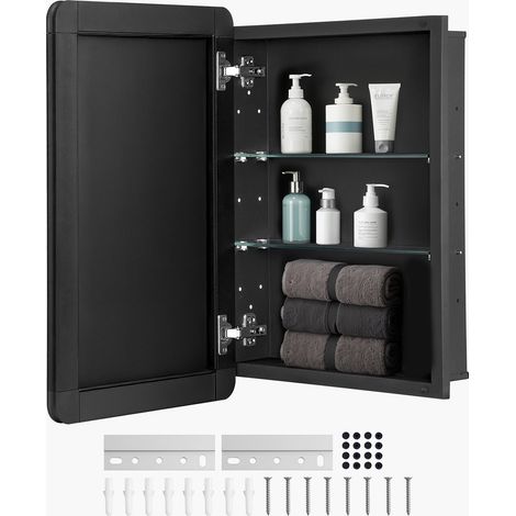 Armoire à pharmacie, 406 x 610 mm, placard de rangement de salle de bain pour médicaments, avec miroir, cadre en aluminium et étagères réglables à 2 couches, installation encastrée et murale (1/5)