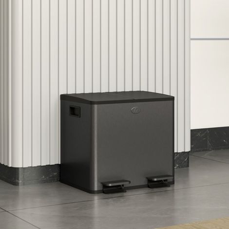 Poubelle double 2 x 15 L à pédale avec fermeture douce, acier inoxydable noir HAVRYA (1/4)