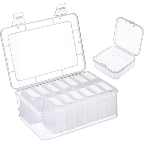 14 pequeñas cajas de almacenamiento de plástico con tapa, más 1 contenedor de plástico grande, mini caja de almacenamiento transparente para cuentas, tapones para los oídos, anillos, botones, joyas.