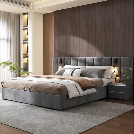 MEUBLIV Lit coffre capitonné avec éclairage de lecture orientable et recharge USB tête de lit large rembourrée motif damier structure en acier gris 180 x 200 cm (1/5)