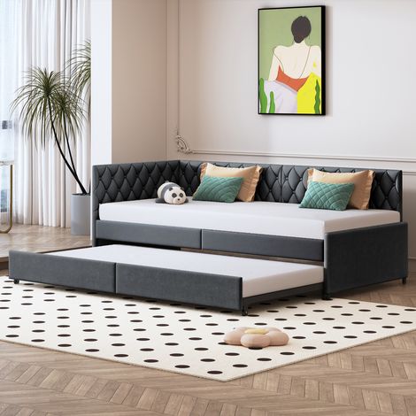 Canapé-lit 90/180×200 cm, Lit gigogne avec sommiers à lattes, extensible Lit en tissu velours, matelas non inclus, Gris (1/5)