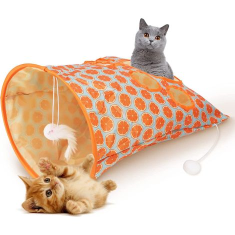 Katzen-Tunnel-Tasche, faltbar, interaktiv, 5 Löcher, Knistergeräusche, Haustier-Bohreimer mit Plüschbällen für Katzen, Kätzchen, Orange (1/5)