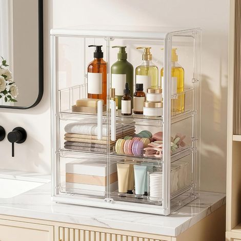 Kosmetik-Organizer mit großen Schubladen für Hautpflegeprodukte, Kosmetikbox, 40 cm hoch  Transparenter Parfümständer für Schminktisch, Badezimmer und Schlafzimmer, 30 cm breit, mit Halter für Lippens (1/5)