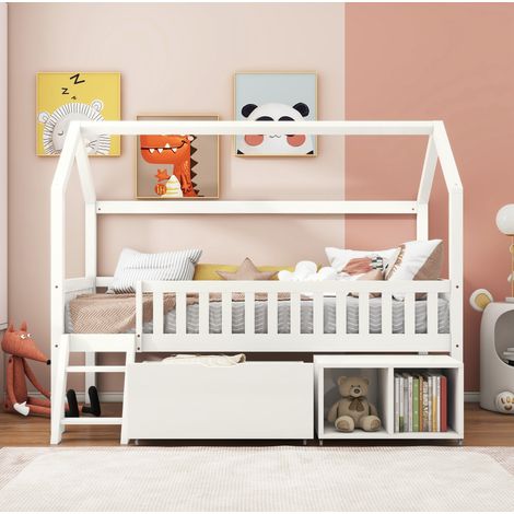 Cama infantil 90x200cm escalera pequeña diseño casita madera color blanca (Sin colchón) (1/5)