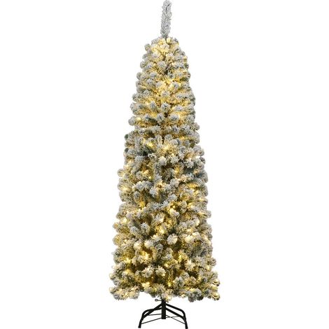 COSTWAY 135cm Bleistift Weihnachtsbaum mit Schnee und warmweissen LED-Leuchten, künstlicher Tannenbaum mit Metallstaender, Christbaum PVC Nadeln, Kunstbaum Weihnachten Klappsystem Grün (1/5)