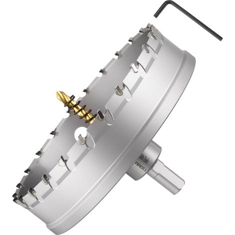 Kit de scie-cloche en carbure de tungstène avec foret central, clé hexagonale et ressort – pour métaux durs, tôles en acier inoxydable, tubes carrés, fibre de verre, argent 130 mm (1/5)