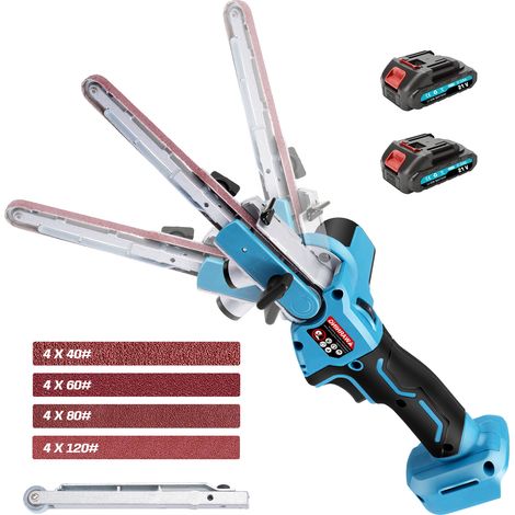 XIIW - Ponceuse à Bande Portable, Sans Fil, 630 m/min, 16 Bandes Abrasives, 9& 13 mm Bras de Ponçage, Sans Balais, Compatible Makita 18 V,  Batterie x 2