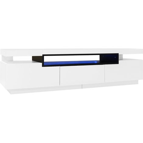 Élégant meuble TV laqué brillant 160x39x42cm – blanc avec éclairage LED 16 couleurs – pour téléviseur jusqu’à 70 pouces – avec 3 tiroirs, support TV laqué brillant (1/5)