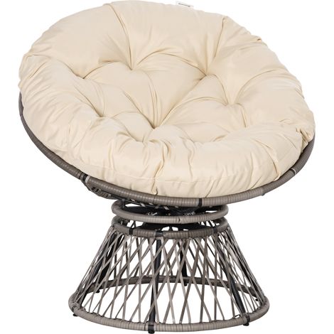 Fauteuil Papasan rotin synthétique coussin pivotant métal 87x97x86 cm, intérieur extérieur bohème confortable design beige (1/5)