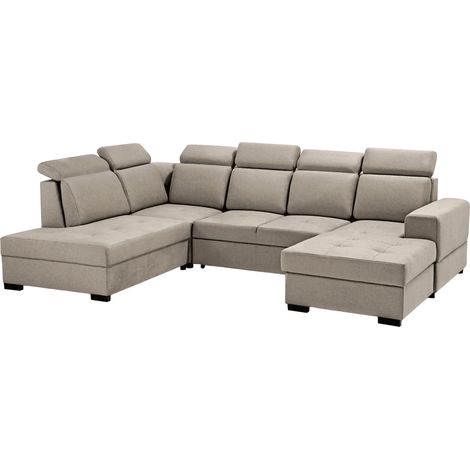 SACHA U - Canapé panoramique convertible avec coffre en tissu taupe - Angle droit (1/4)