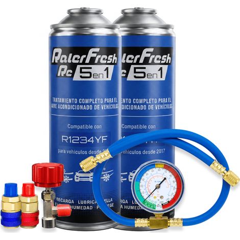 Pack gas refrigerante 2 botellas Ralerfresh RC R1234YF 5en1 500ml con Manometro RF32, llave y conectores