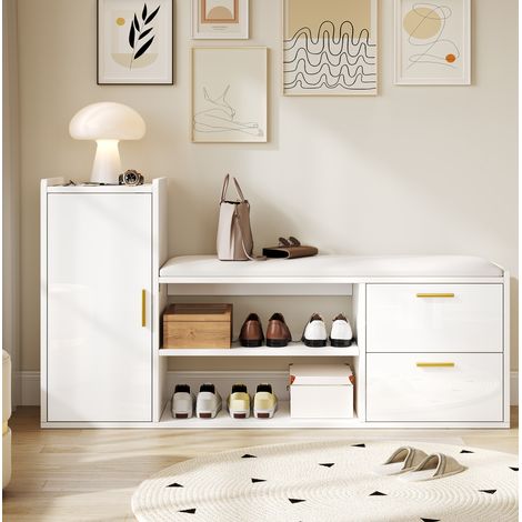 Meuble à chaussures 128x30x68 cm avec 2 tiroirs, 1 placard et coussin, blanc (1/5)