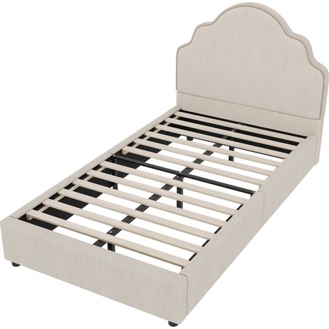 Cama infantil tapizada 90 x 200 cm en lino beige con somier y cabecero acolchado HOMVRA (1/5)