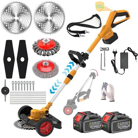 Cordless Edge Trimmer with 2 Batteries 21V 4.0Ah, 5-in-1 Cordless Electric Brushcutter, Adjustable Folding Electric Trimmer, Removable Wheels for Garden Lawn Maintenance (1/5)