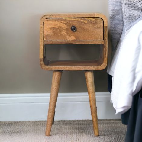 Table chevet basse bois massif aspect chêne 1 tiroir niche ouverte marron 45x35x50 cm