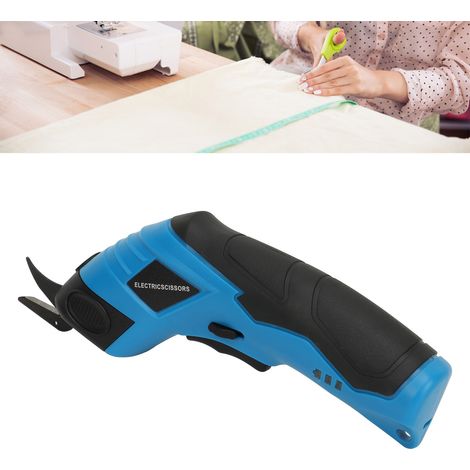 Klassische blaue Pappschachtel mit einer Stoffschere, die mit einem Lithium-Ionen-Akku betrieben wird wiederaufladbare elektrische Schere aus Wolframstahl. (1/5)