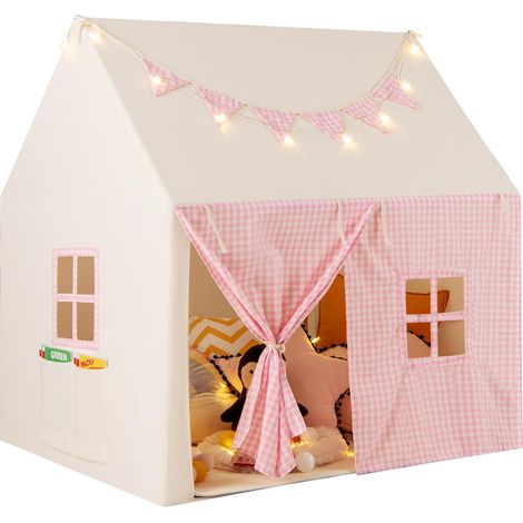 COSTWAY Tenda da Gioco per Bambini, Casetta Tenda da Gioco con Tappetino Imbottito, 2 Finestre Traspiranti e 2 Tasche, Luci a Stella e Bandierine Incluse, Tenda per Bambini 3-8 Anni (Rosa)