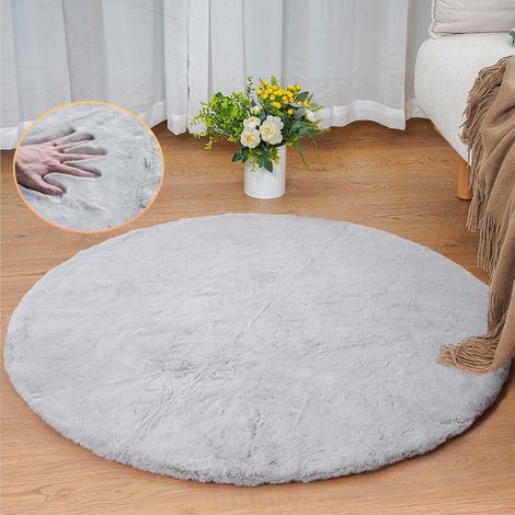 Runder Teppich – 1 Stück – Kunstfell – Weich und waschbar – Wohnzimmer, Schlafzimmer, Kinderzimmer – Grau, 90 cm (1/5)