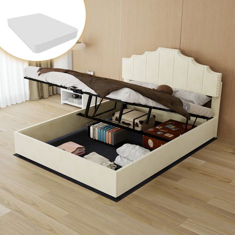 Lit rembourré moderne minimaliste, tête de lit confortable, 140x200 cm, beige, sommier coffre et matelas inclus