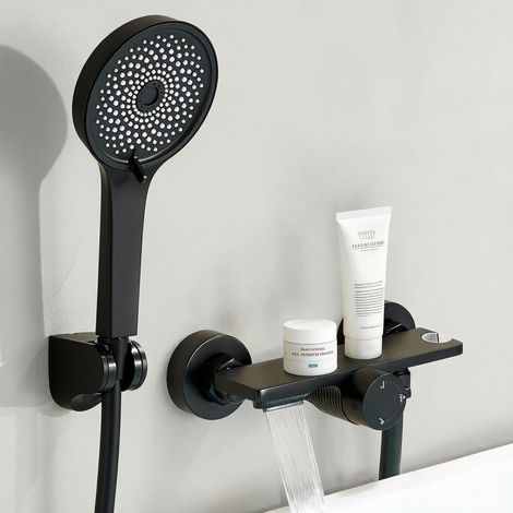 Auralum Max Conjunto de Grifo de Bañera y Ducha con Cascada, Mezclador Monomando de Latón con Estante de Almacenamiento, Alcachofa de Mano 5 Modos y Manguera 1.5m, Sistema de Ducha de Pared, Negro (1/4)