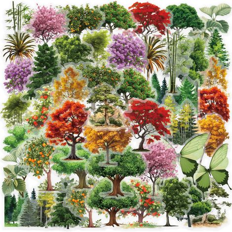 Lot de 100 autocollants nature 8 thèmes Autocollants PET Décoration imperméable pour ordinateur portable, valise, bouteille d'eau (motif arbres) (1/5)
