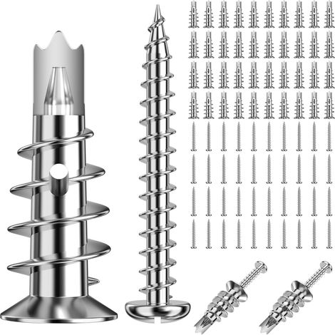 40 pièces Cheville avec Vis Autoperceuses, Chevilles pour Plaques de Plâtre Murs Creux Métal, Pour La Fixation Dans le Béton, les Briques, les Plaques de Plâtre, etc, Alliage Zinc, (3 têtes) (1/5)