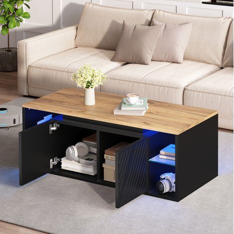 Mesa de centro 100x50x41 cm, con LED, 2 puertas, almacenamiento semicerrado, tablero de aglomerado negro y madera (1/5)
