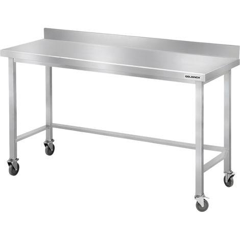 Table de travail en inox Bar 1600x600 mm avec renfort et dosseret sur roulettes PREMIUM - GOLDINOX (1/4)