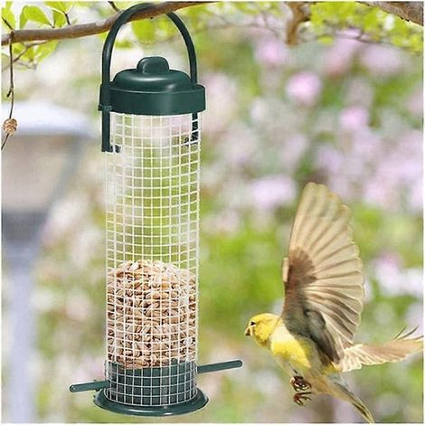 Mangeoire suspendue pour oiseaux sauvages avec perchoir, filet et boule de graisse, en métal, pour jardin extérieur, bleue. (1/5)