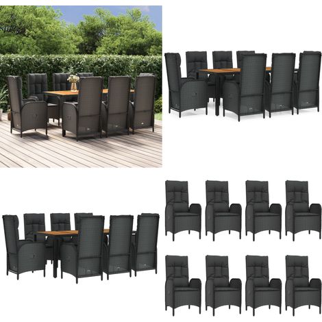 Set da Pranzo da Giardino 9 pz con Cuscini Nero in Polyrattan - Sedie da giardino reclinabili - Tavolo da giardino