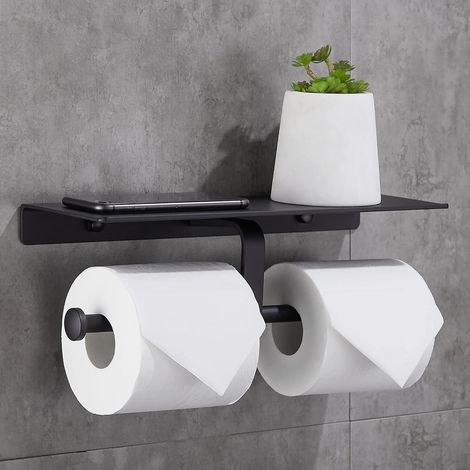 Portarrollos de papel higiénico sin perforaciones con estante para teléfono móvil, doble soporte para rollo de papel higiénico montado en la pared para baño (negro)