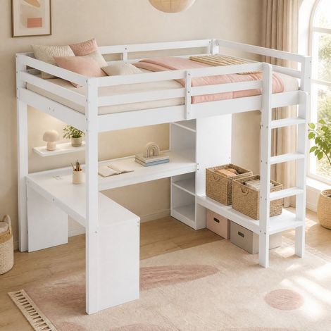 Letto a soppalco moderno 140x200 cm in legno massello e MDF bianco con scrivania, scaffali, armadio aperto, LED e USB (1/5)