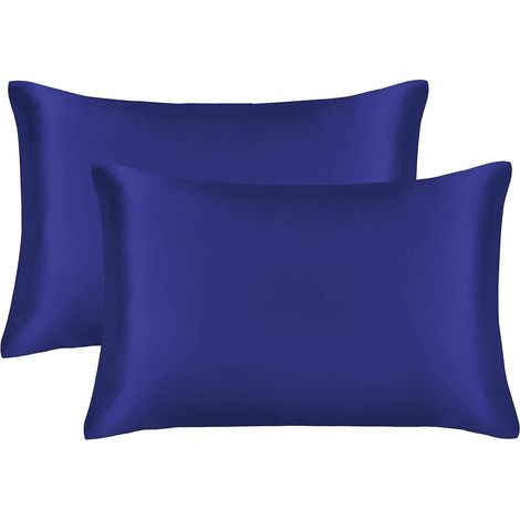 Lot de 2 taies d'oreiller, satin, fermeture portefeuille, 51 x 76 cm, queen, bleu marine, chambre (1/5)