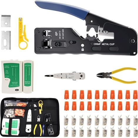 RUIZHI Outil de réseau, pince à sertir RJ45 avec 20 connecteurs RJ45 plaqués or Cat7/Cat6a Pass Through, testeur de réseau, pince à dénuder (1/5)