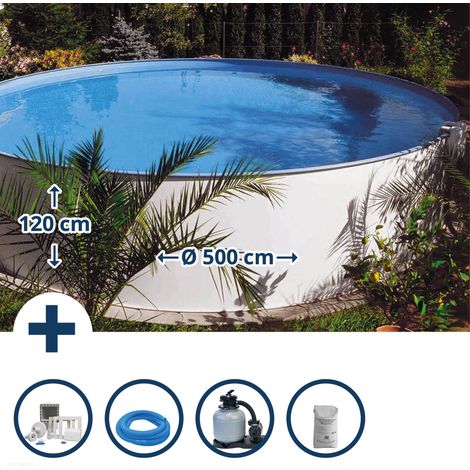 Stahlwandpool Set (6-teilig) hoch rund Borneo 500 x 120 cm, Stahl 0,6 mm weiß Folie 0,6 mm blau (1/5)