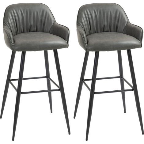 Set de 2 tabourets de bar modernes avec repose-pieds et dossier simili cuir et acier Gris